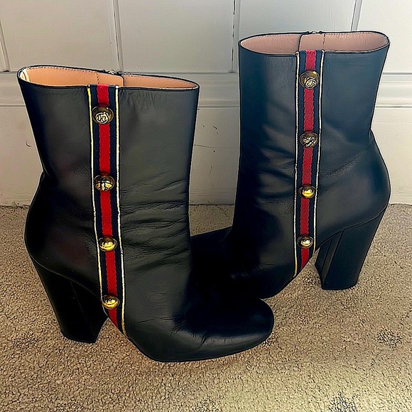 GUCCI Carly Malaga Black Leather Gold Button Canvas Stripe Ankle Boots - Picture 1 of 9